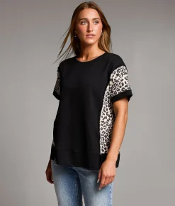 BKE Pieced Cheetah Top Black Discount