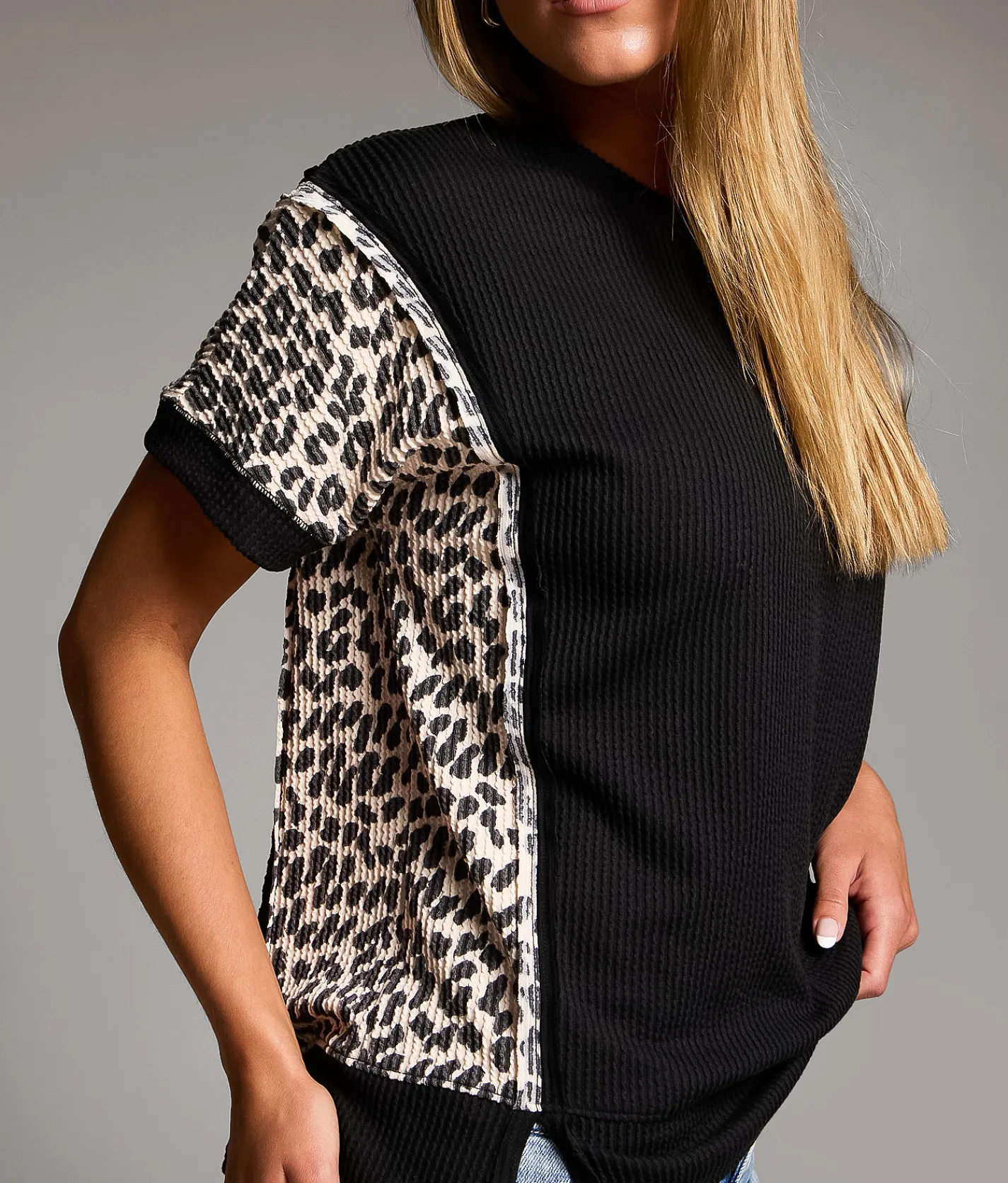 BKE Pieced Cheetah Top Black Discount