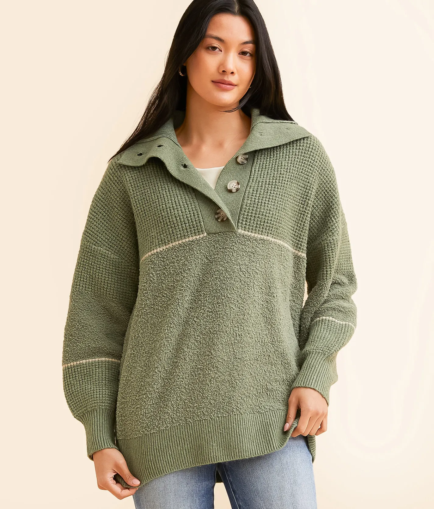 Tops | BKE Pieced Chenille Henley Sweater Sea Spray
