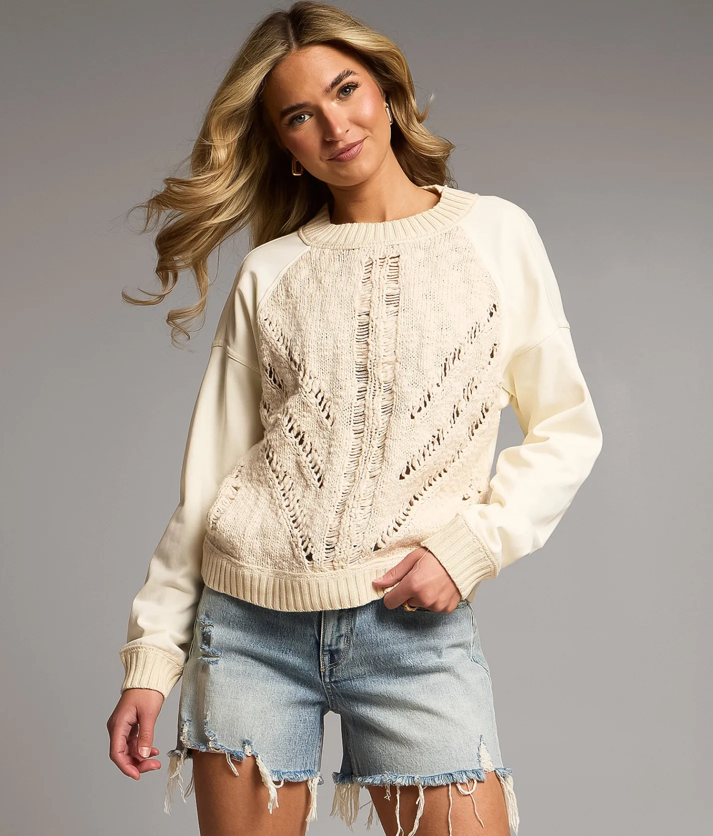 BKE Pieced Chunky Knit Sweater Cream Best
