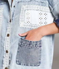 BKE Pieced Crochet & Denim Oversized Shacket Denim Blue Online