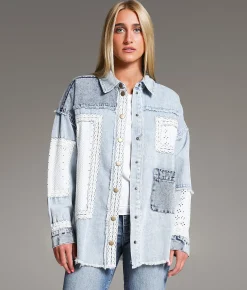BKE Pieced Crochet & Denim Oversized Shacket Denim Blue Online