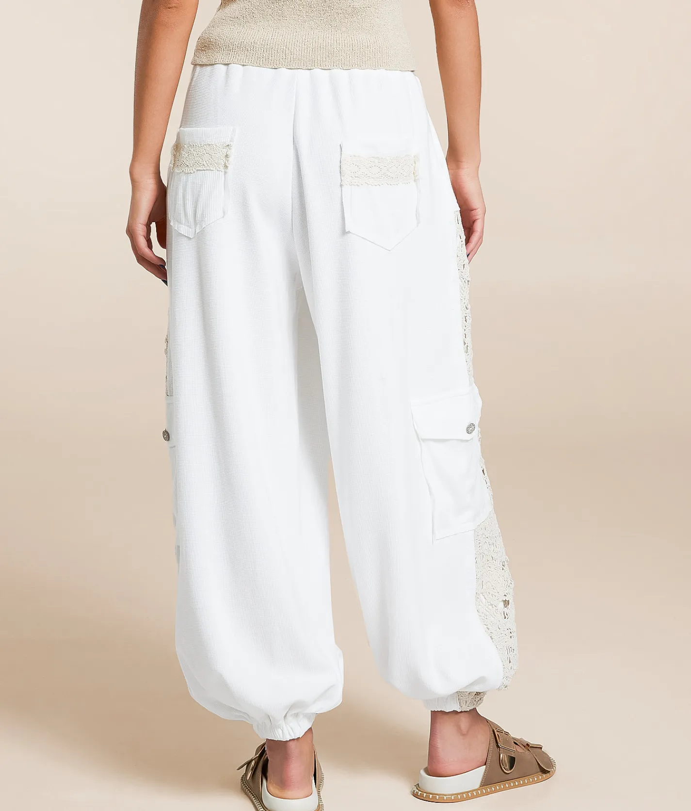 Bottoms | POL Pieced Crochet Cargo Jogger Off White