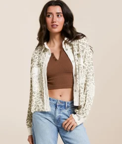 Tops | POL Pieced Crochet Cropped Shirt Cream Floral