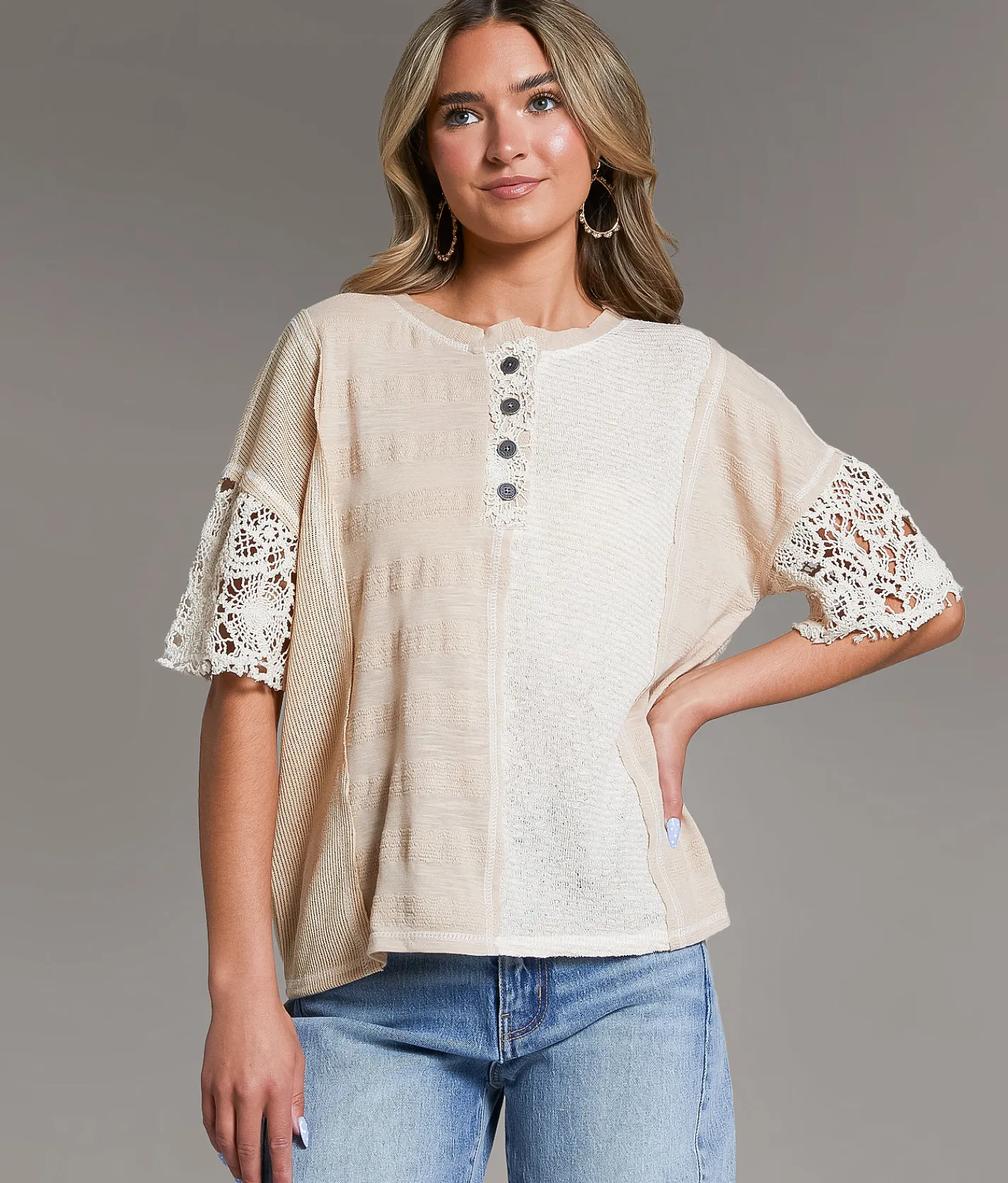 Tops | BKE Pieced Crochet Henley Cream