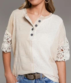 Tops | BKE Pieced Crochet Henley Cream