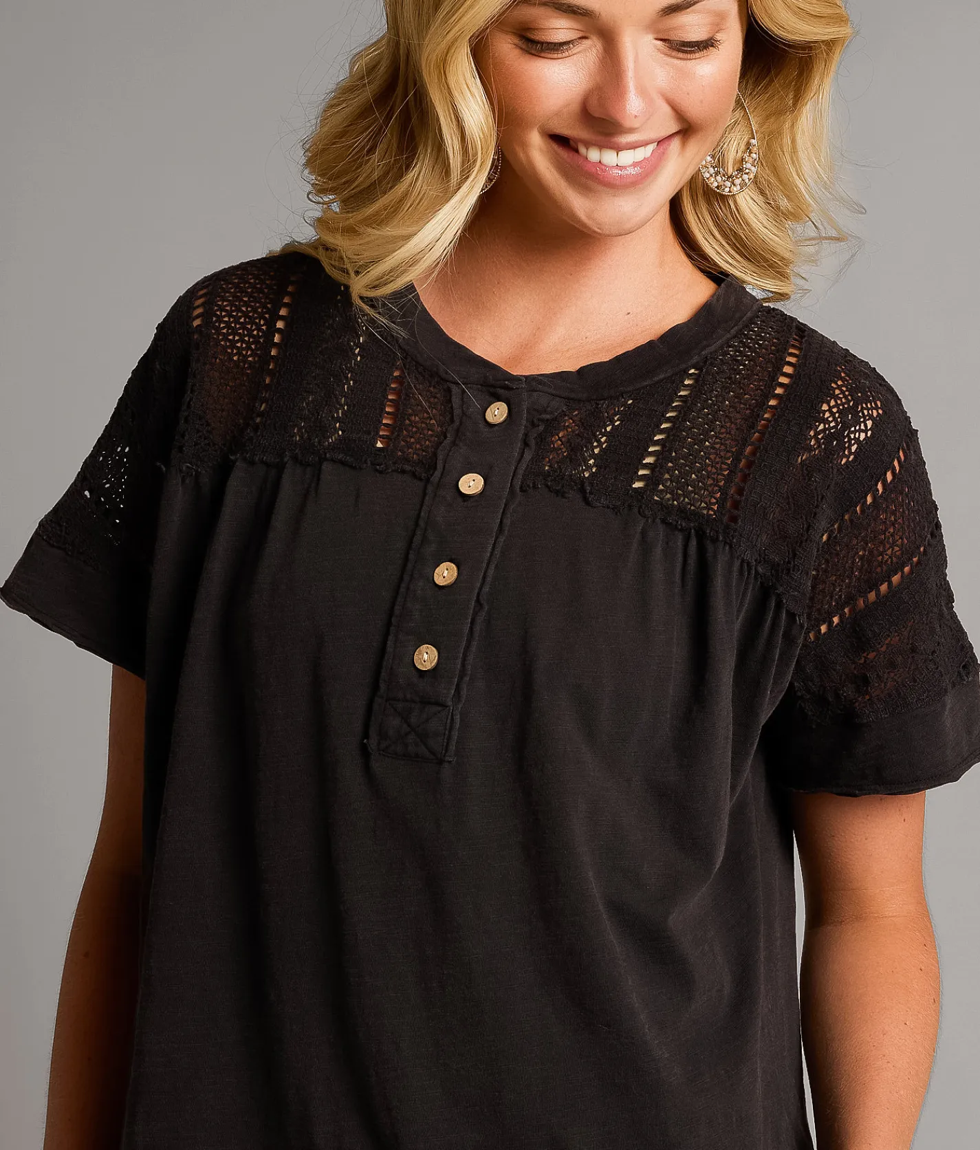 Tops | BKE Pieced Crochet Henley Black