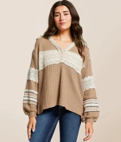 Tops | Miss Me Pieced Crochet Henley Taupe Beige