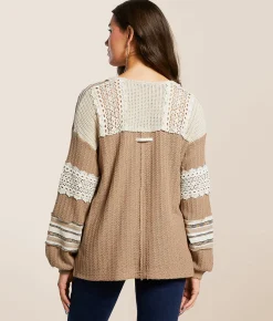 Tops | Miss Me Pieced Crochet Henley Taupe Beige