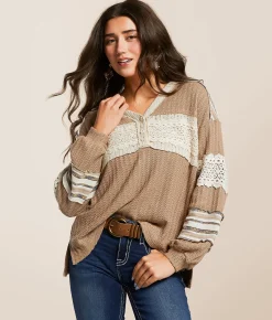 Tops | Miss Me Pieced Crochet Henley Taupe Beige