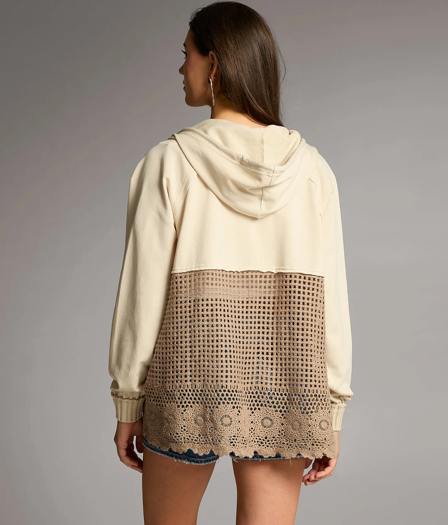 Tops | BKE Pieced Crochet Hooded Cardigan Tonal Beige