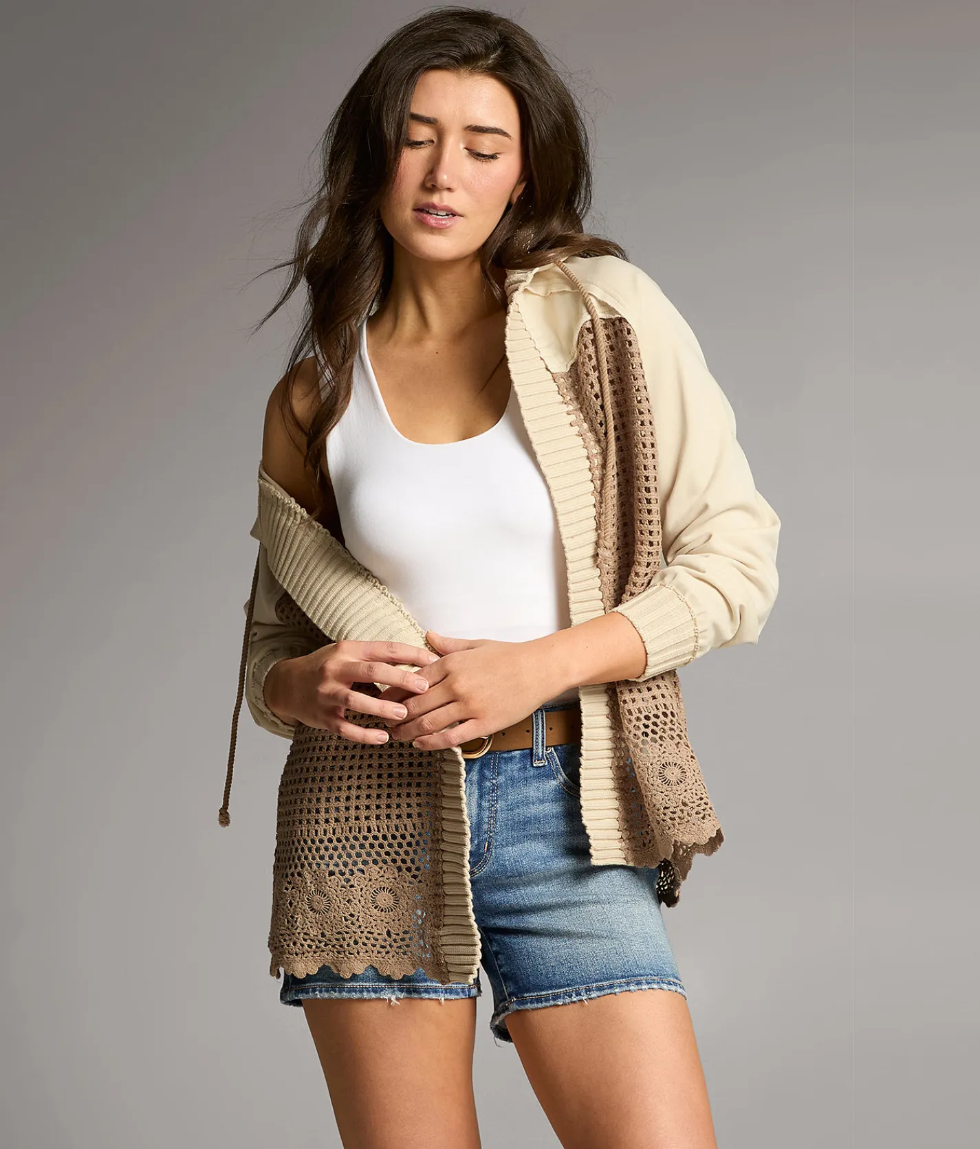 Tops | BKE Pieced Crochet Hooded Cardigan Tonal Beige