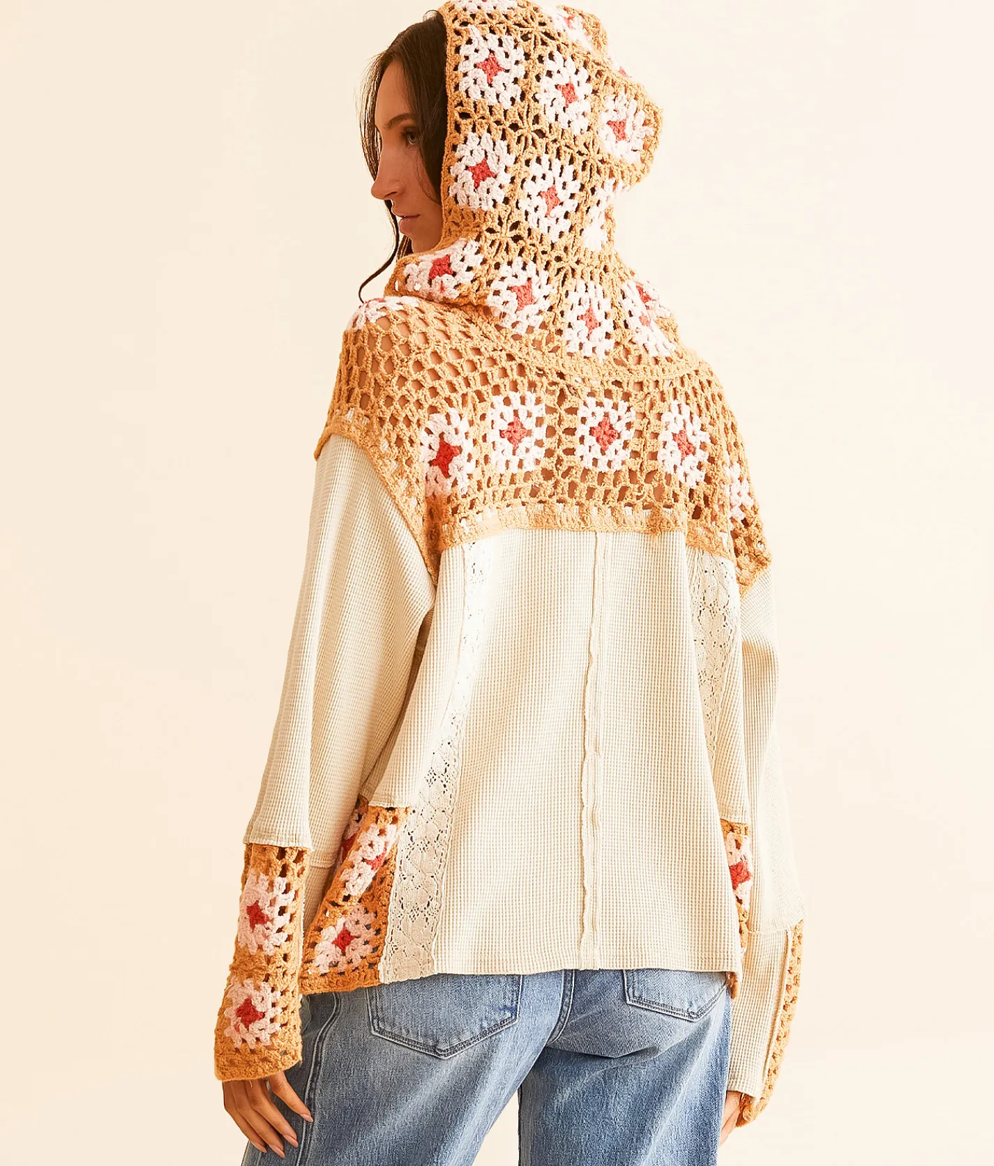 Tops | POL Pieced Crochet Hoodie Wheat Brick