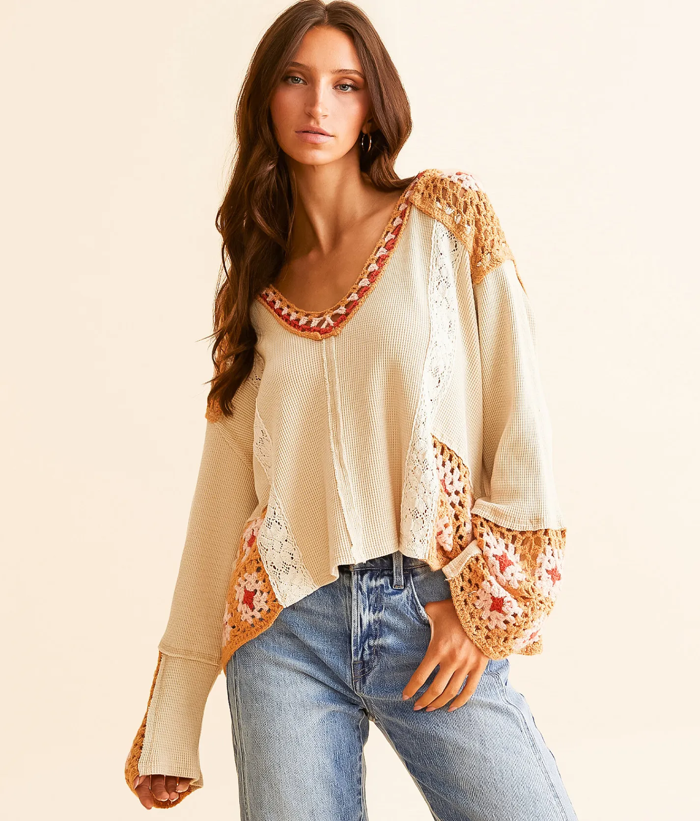 Tops | POL Pieced Crochet Hoodie Wheat Brick