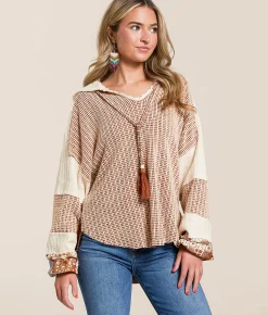 Tops | Miss Me Pieced Crochet Hoodie Salmon Pink