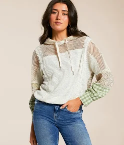 Miss Me Pieced Crochet Hoodie Multi Ivory Hot