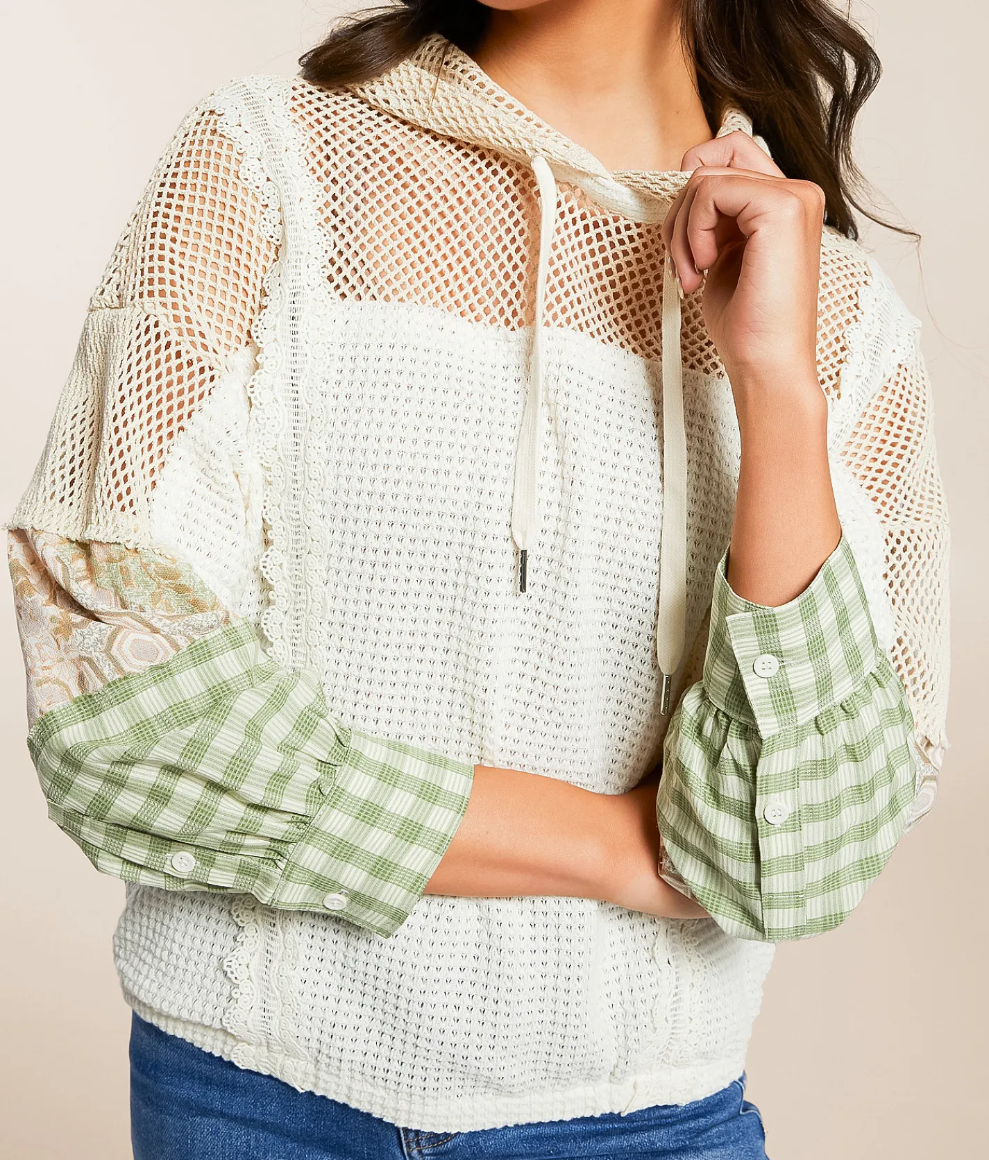Miss Me Pieced Crochet Hoodie Multi Ivory Hot