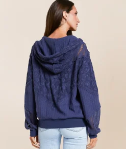 Tops | Miss Me Pieced Crochet Hoodie Washed Navy