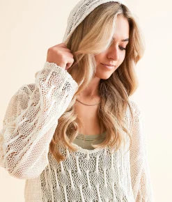 BKE Pieced Crochet Hoodie Cream Discount