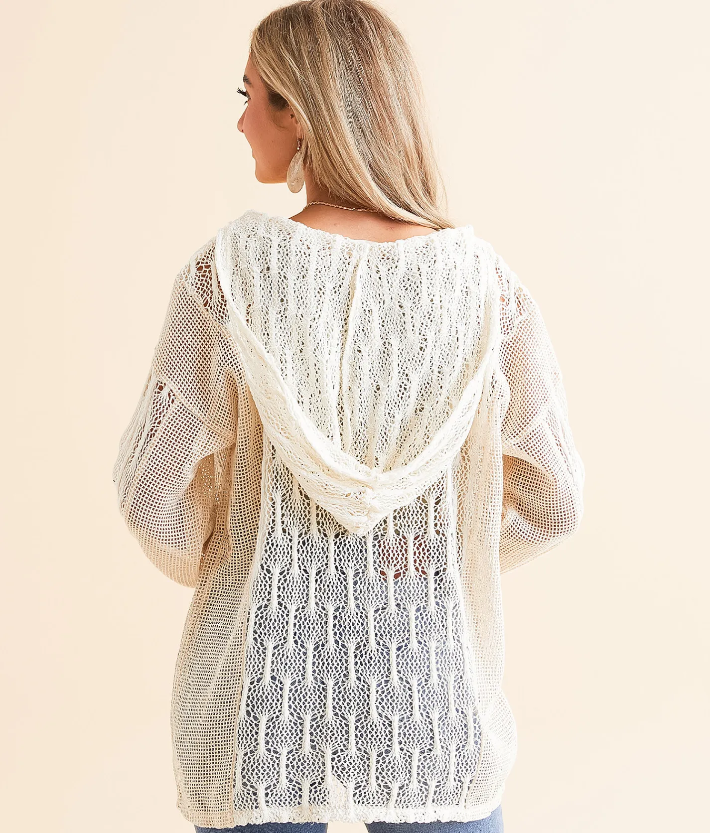 BKE Pieced Crochet Hoodie Cream Discount