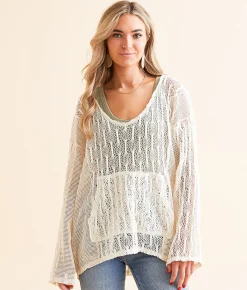 BKE Pieced Crochet Hoodie Cream Discount