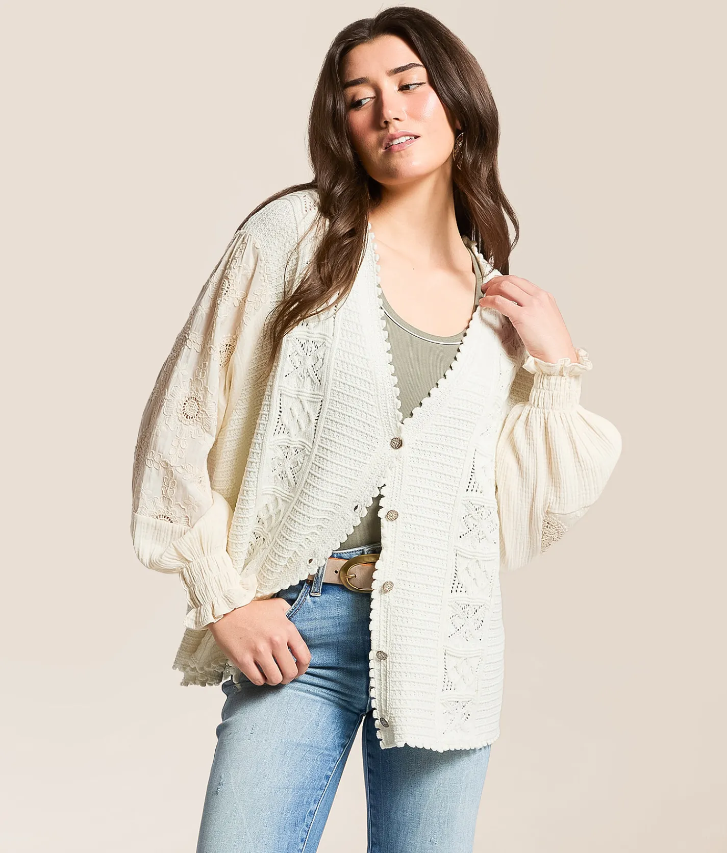 Tops | POL Pieced Crochet Oversized Cardigan Sweater Powder Cream