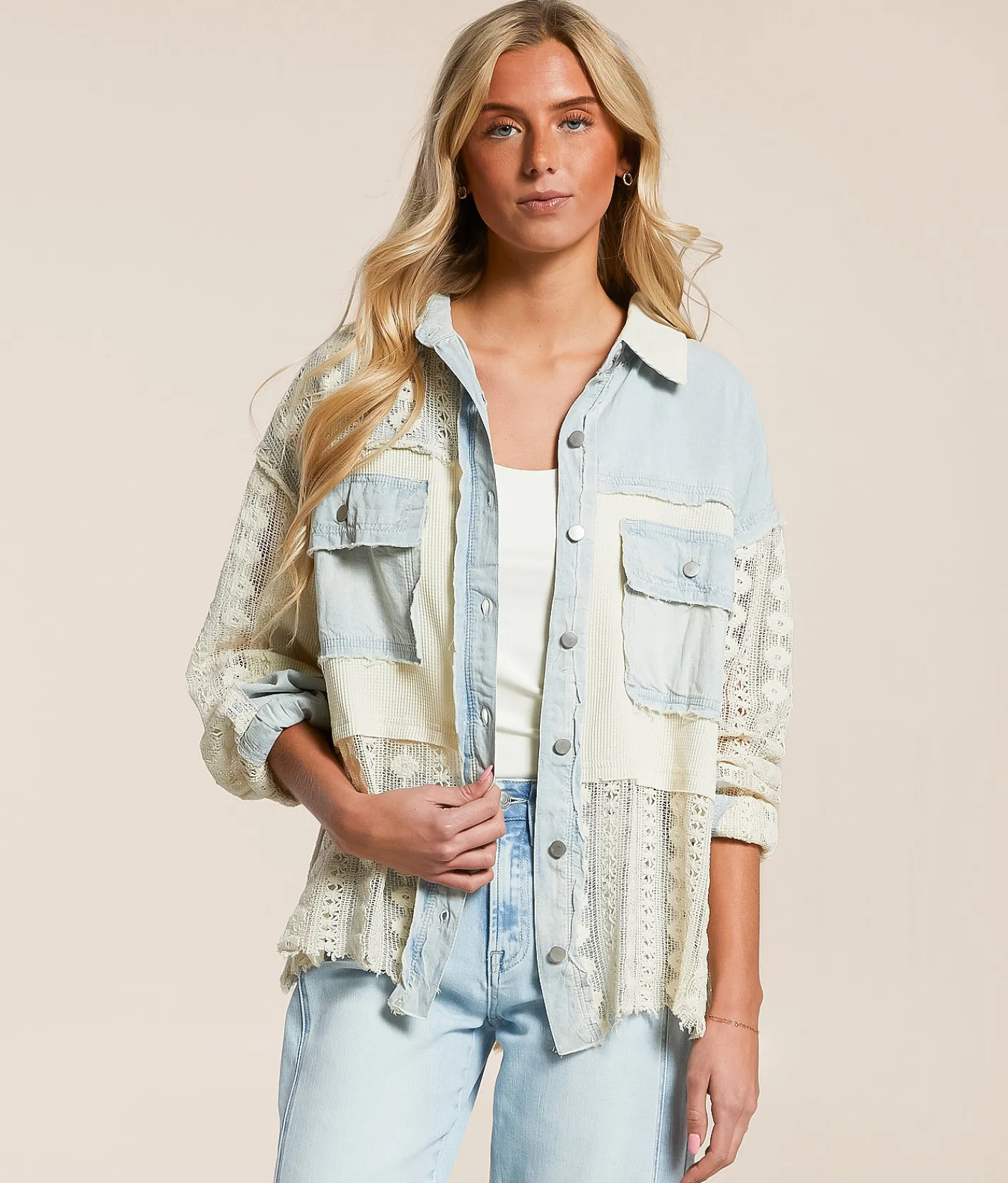 Tops | POL Pieced Crochet Shirt Denim