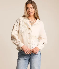 Tops | Miss Me Pieced Crochet Shirt Off White