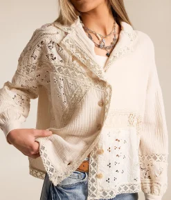 Tops | Miss Me Pieced Crochet Shirt Off White