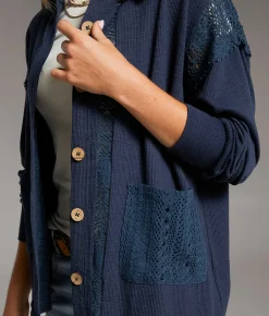 BKE Pieced Crochet Shirt Navy Outlet