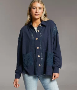 BKE Pieced Crochet Shirt Navy Outlet