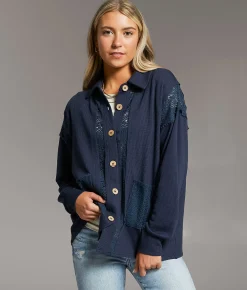 BKE Pieced Crochet Shirt Navy Outlet