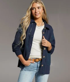 BKE Pieced Crochet Shirt Navy Outlet