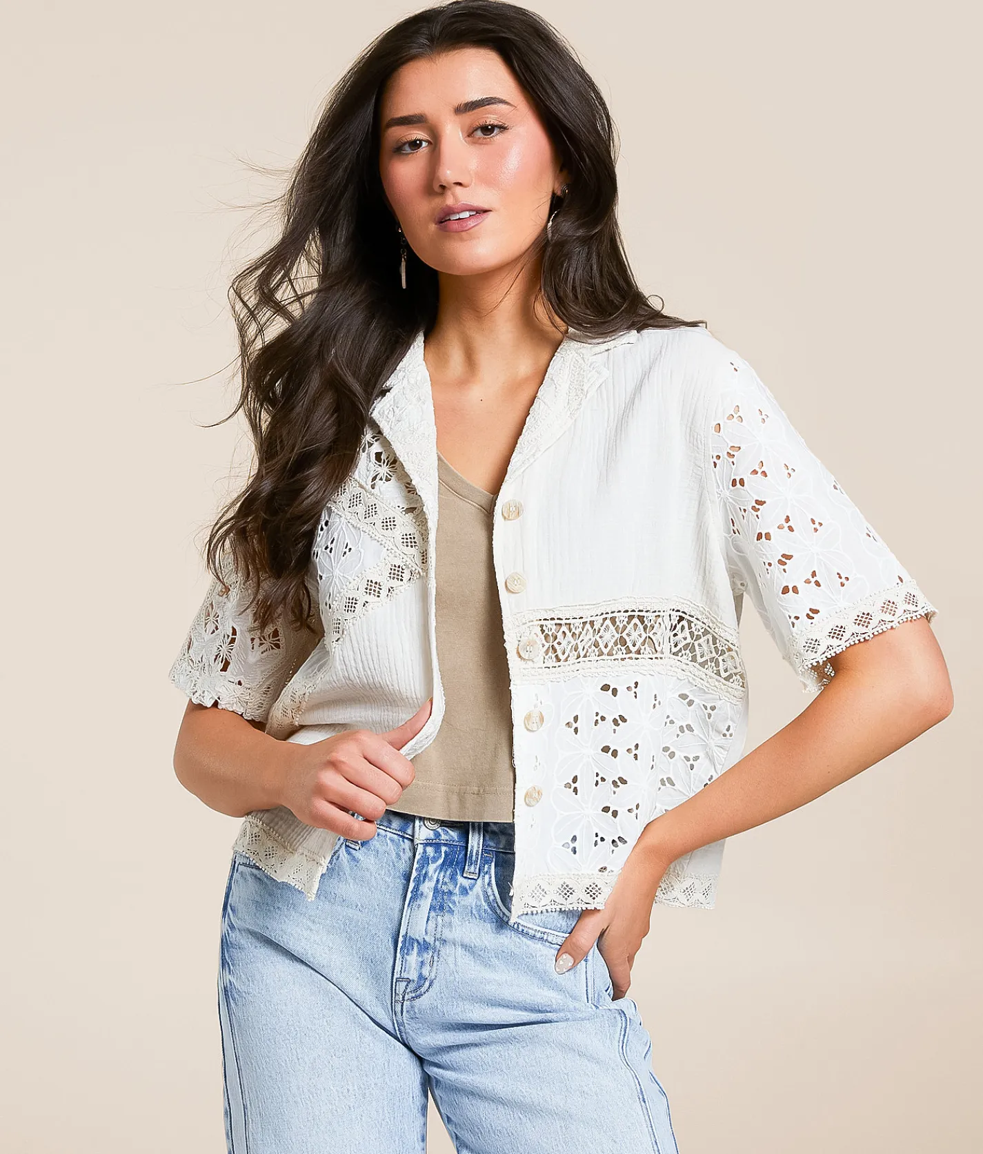 Miss Me Pieced Crochet Shirt Multi Ivory