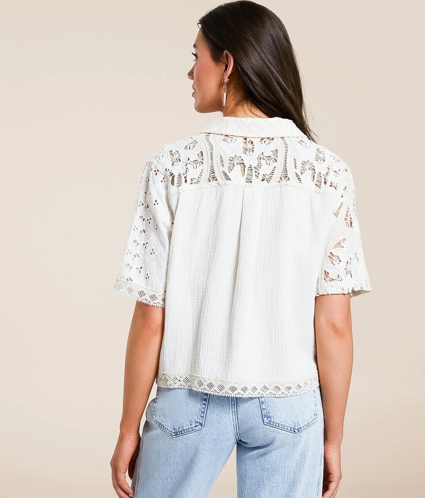 Miss Me Pieced Crochet Shirt Multi Ivory