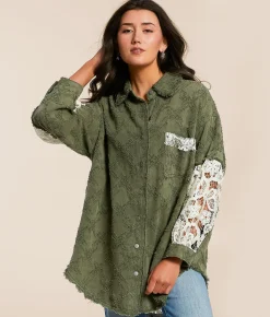 POL Pieced Crochet Shirt Olive Multi Outlet