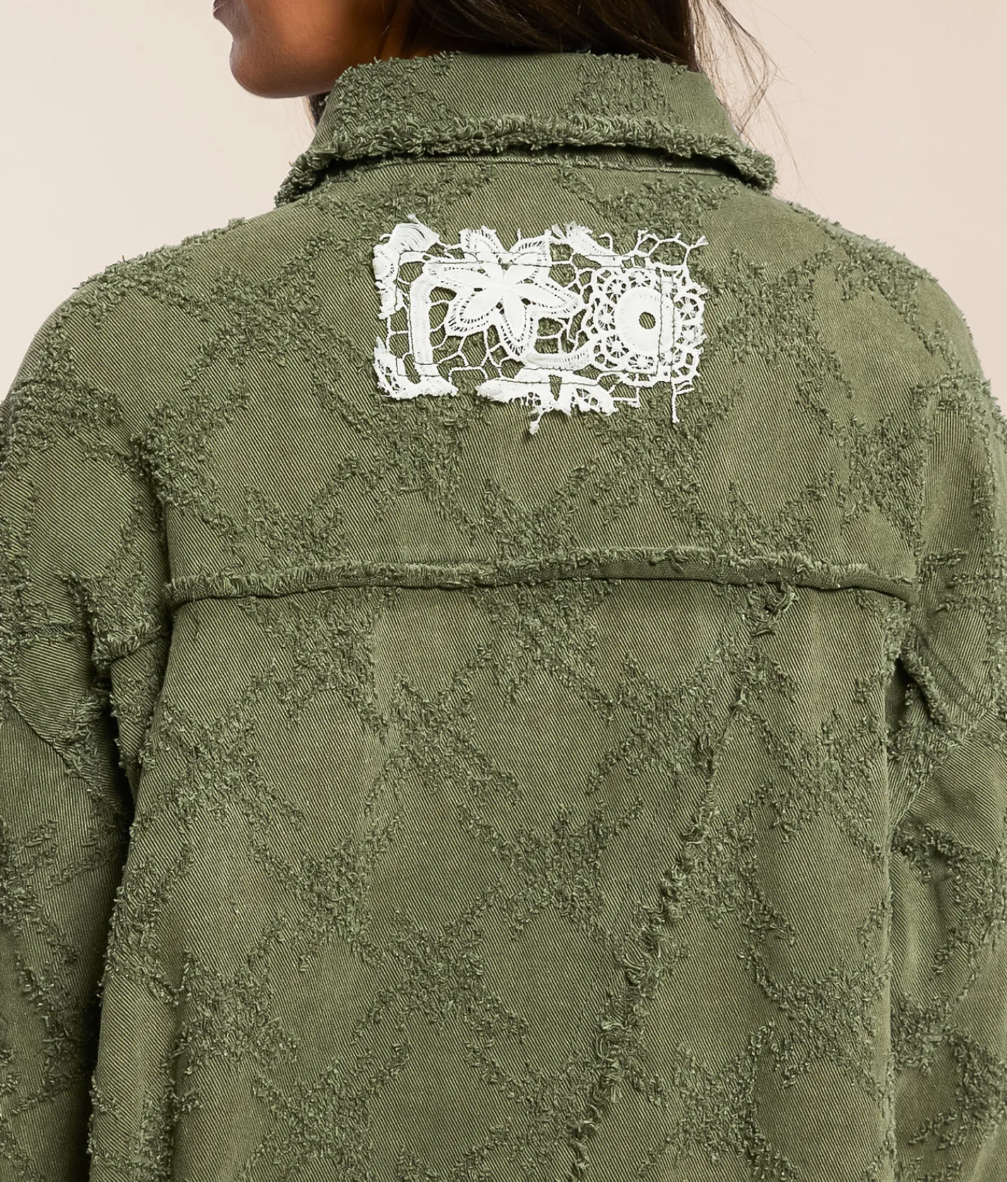 POL Pieced Crochet Shirt Olive Multi Outlet