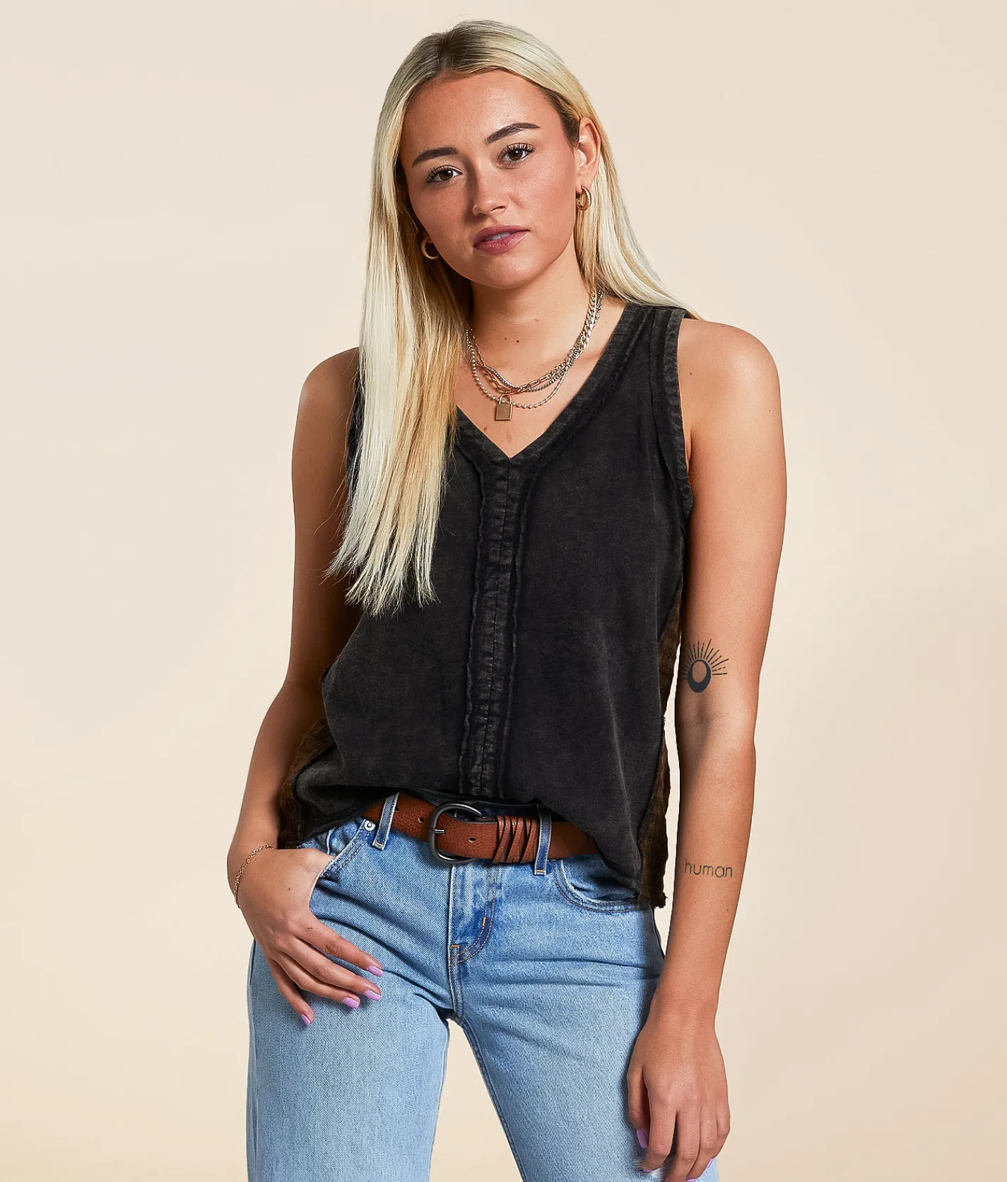 Tops | Gilded Intent Pieced Crochet Tank Top Washed Black