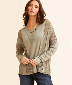 BKE Pieced Crochet Top Vetiver Outlet