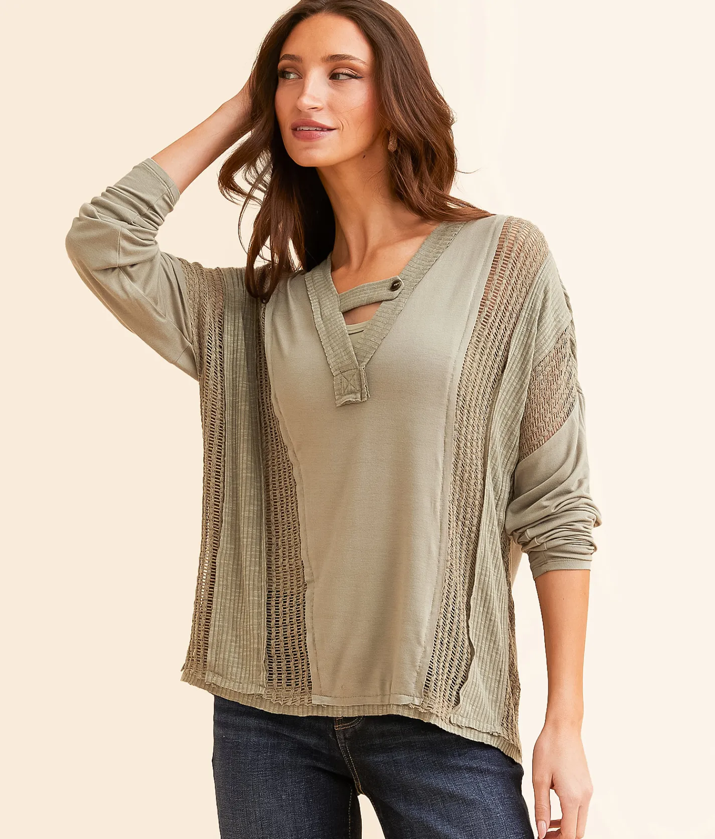BKE Pieced Crochet Top Vetiver Outlet