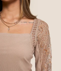 Willow & Root Pieced Crochet Top Taupe Best