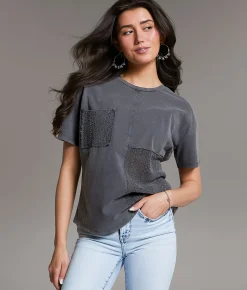 BKE Pieced Crochet T-Shirt Washed Black Clearance