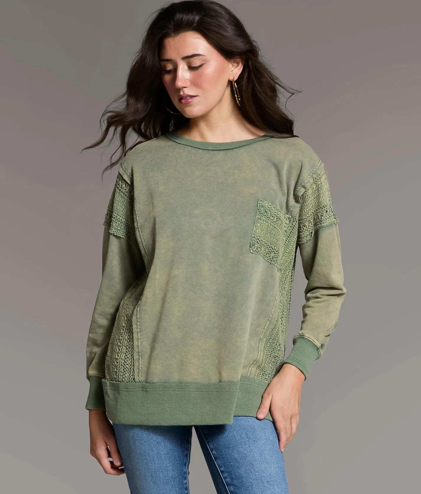 Tops | BKE Pieced Crochet Washed Pullover Laurel Wreath