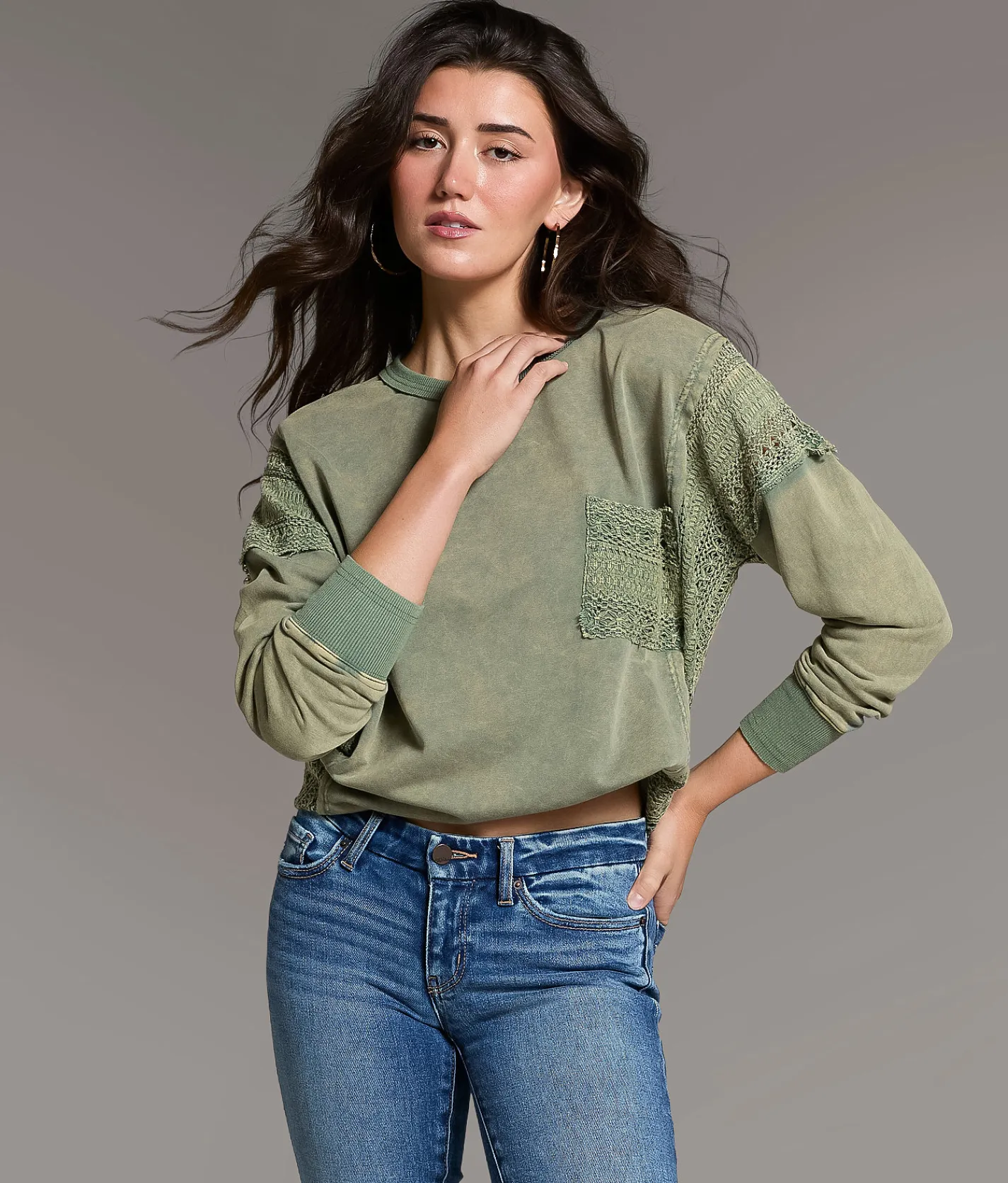 Tops | BKE Pieced Crochet Washed Pullover Laurel Wreath