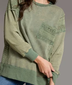 Tops | BKE Pieced Crochet Washed Pullover Laurel Wreath
