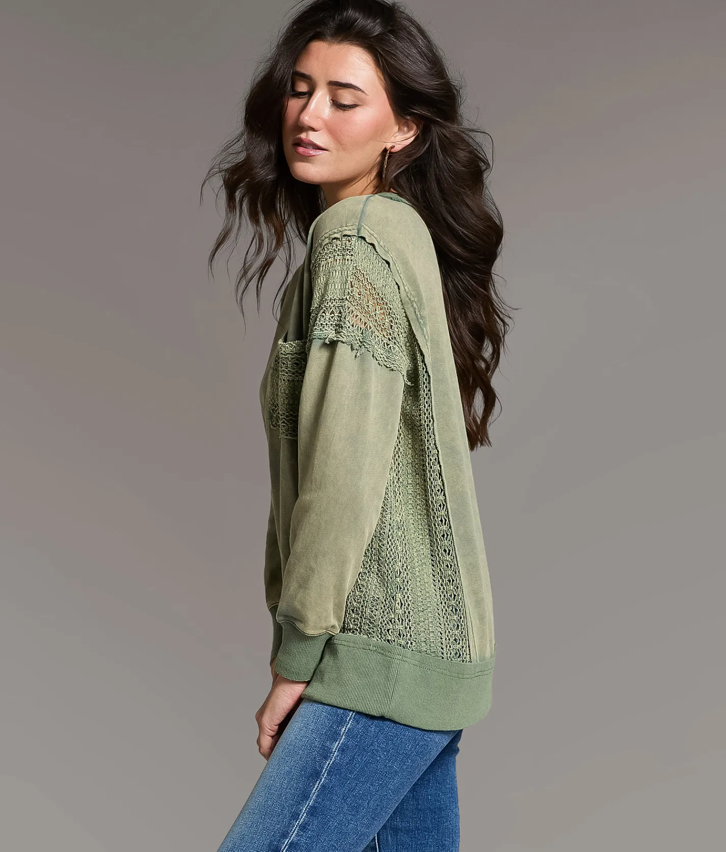 Tops | BKE Pieced Crochet Washed Pullover Laurel Wreath