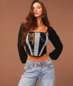 Sterling & Stitch Pieced Denim Corset Cropped Top Black Denim Discount