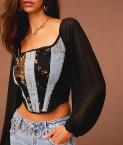 Sterling & Stitch Pieced Denim Corset Cropped Top Black Denim Discount