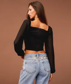 Sterling & Stitch Pieced Denim Corset Cropped Top Black Denim Discount