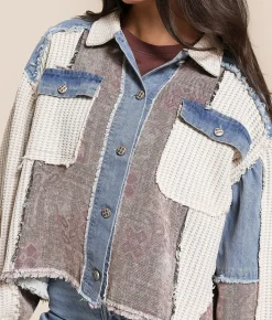 POL Pieced Denim Jacket Oatmeal Denim Hot